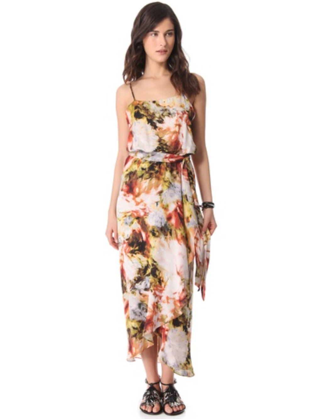 Haute Hippie Dress 100% Silk Abstract Watercolor Maxi Faux Wrap Tie Waist Medium